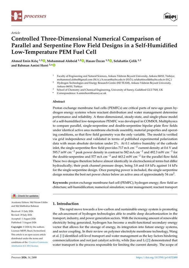 First page of the Processes article on parallel and serpentine flow field designs