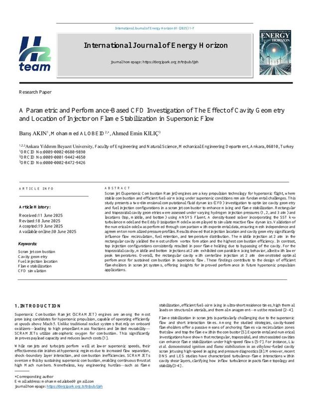 First page of the International Journal of Energy Horizon paper on flame stabilization in supersonic flow