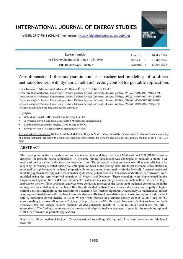 First page of the International Journal of Energy Studies article on direct methanol fuel cell modelling